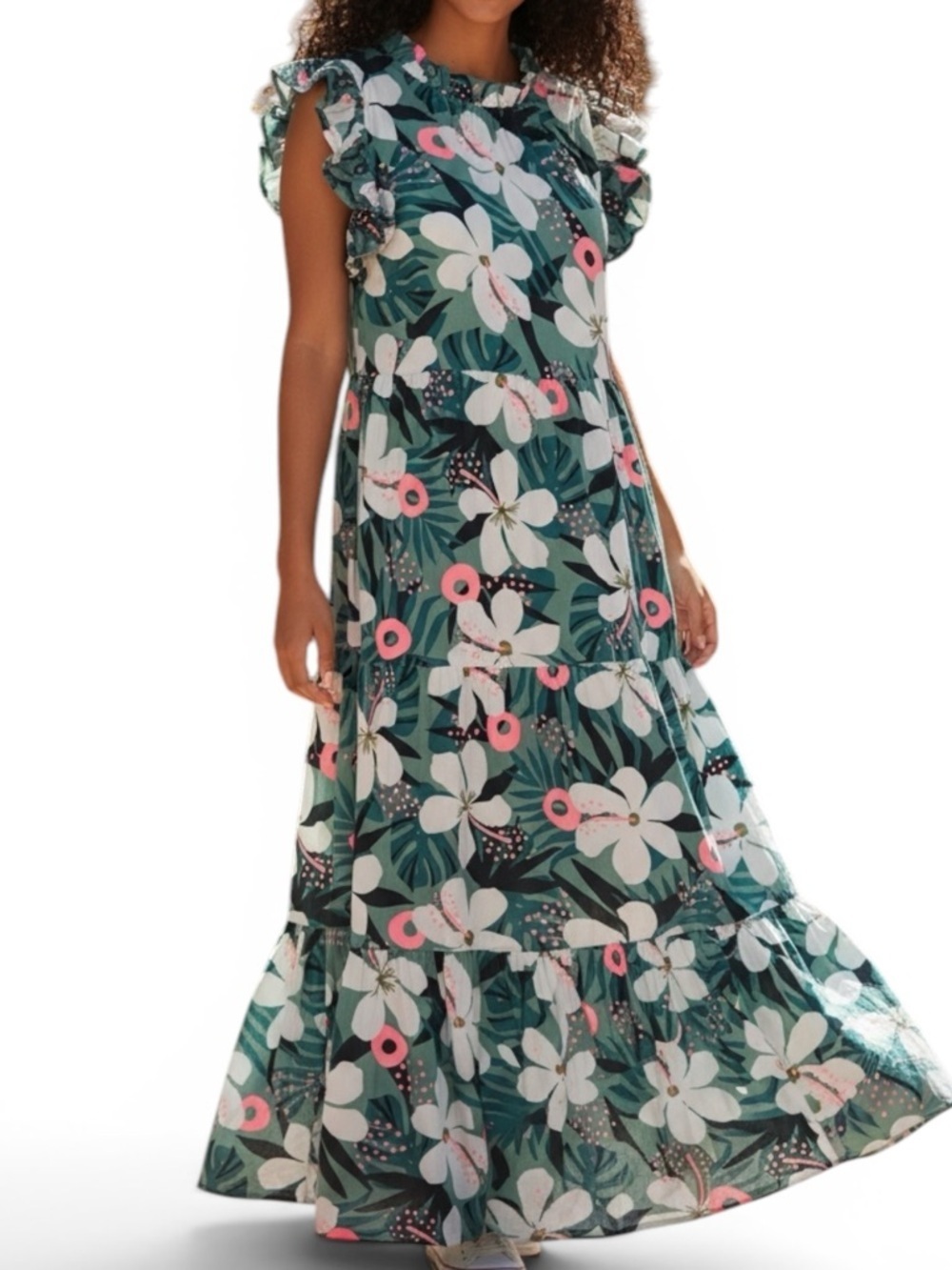 THML Teal, White & Coral Pink Floral Halter Top